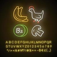 vitamine b2 neonlichtpictogram. bananen, gevogelte en champignons. gezond eten. natuurlijke bron van riboflavine. goede voeding. gloeiend bord met alfabet, cijfers, symbolen. vector geïsoleerde illustratie