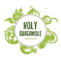 vector vintage achtergrond met gegraveerde hand getrokken schetsen van guacamole ingrediënten. biologische ambachtelijke groenten en kruiden illustraties. mexicaanse keuken bovenaanzicht frame. ontwerpsjabloon voor voedselmenu.