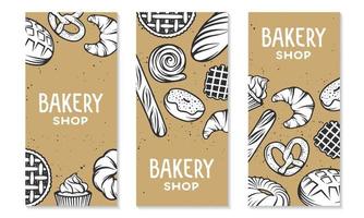 set bakkerij gegraveerde elementen. typografieontwerp met brood, gebak, taart, broodjes, snoep, cupcake. verzameling van moderne lineaire grafisch ontwerp verticale banner sjabloon. bakkerij. vector