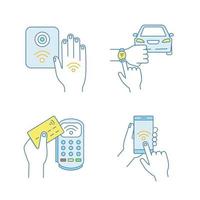 NFC-technologie kleur pictogrammen instellen. near field smartphone, auto en armband, betaalterminal, reader. geïsoleerde vectorillustraties vector
