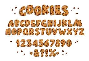 chocolate chips cookies lettertype op lichte achtergrond. zoet voedsel alfabet. geïsoleerde vector teken symbool. kunstcollectie. chocolade druppels.
