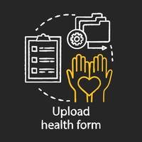 upload gezondheid formulier krijt concept icoon. kamp, idee voor interesseclubtoepassing. verplichte controle van de gezondheidsstatus, verificatie vóór kampeertrip. vector geïsoleerde schoolbordillustratie