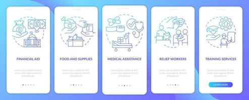 overheidshulp typen blauwe gradiënt onboarding mobiele app-scherm. walkthrough 5 stappen grafische instructiepagina's met lineaire concepten. ui, ux, gui-sjabloon. vector