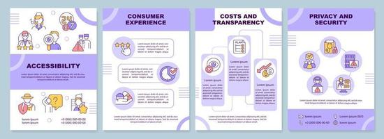 gezondheidszorg kwaliteitsfactoren paarse brochure sjabloon. toegankelijkheid. folderontwerp met lineaire pictogrammen. 4 vectorlay-outs voor presentatie, jaarverslagen. vector