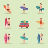 acht jonge surfers-personages vector