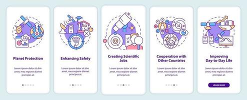 voordelen van het onboarding-scherm van de mobiele app voor ruimteverkenning. voordelen walkthrough 5 stappen grafische instructiepagina's met lineaire concepten. ui, ux, gui-sjabloon. vector