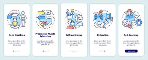 ptsd coping-strategieën onboarding van het scherm van de mobiele app. gezondheidszorg walkthrough 5 stappen grafische instructiepagina's met lineaire concepten. ui, ux, gui-sjabloon. vector
