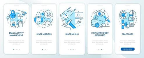 trends in het blauwe onboarding mobiele app-scherm van Spacetech. cosmos activity walkthrough 5 stappen grafische instructiepagina's met lineaire concepten. ui, ux, gui-sjabloon. vector