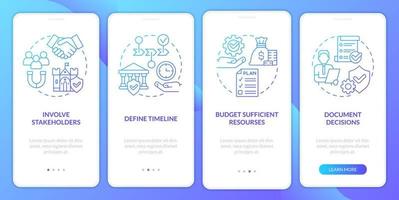 erfgoedbehoud werk blauwe gradiënt onboarding mobiele app-scherm. walkthrough 5 stappen grafische instructiepagina's met lineaire concepten. ui, ux, gui-sjabloon. vector