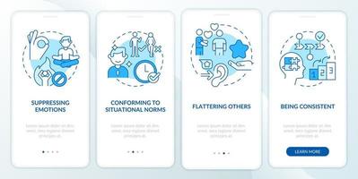 technieken voor vertoningsbeheer blauw onboarding mobiel app-scherm. walkthrough 4 stappen grafische instructiepagina's met lineaire concepten. ui, ux, gui-sjabloon. vector