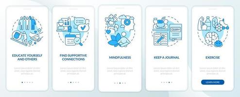 omgaan met ptsd proces blauwe onboarding mobiele app-scherm. psychotherapie walkthrough 5 stappen grafische instructiepagina's met lineaire concepten. ui, ux, gui-sjabloon. vector