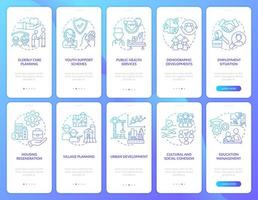 sociale planning blauwe gradiënt onboarding mobiele app-scherm. voorbeelden walkthrough 5 stappen grafische instructiepagina's met lineaire concepten. ui, ux, gui-sjabloon. vector