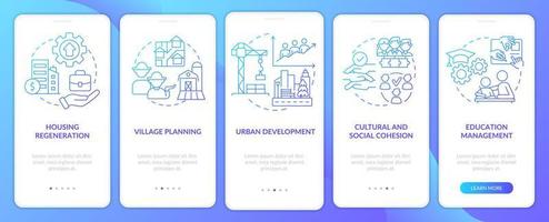 sociale planning instanties blauwe gradiënt onboarding mobiele app-scherm. walkthrough 5 stappen grafische instructiepagina's met lineaire concepten. ui, ux, gui-sjabloon. vector
