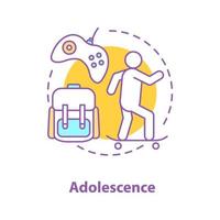 adolescentie activiteiten concept icoon. tiener idee dunne lijn illustratie. studeren, videospelletjes, skateboarden. vector geïsoleerde overzichtstekening