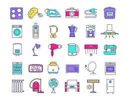 huishoudelijke apparaten kleur pictogrammen instellen. huis- en keukenelektronica. binnenlandse technologie. koelkast, stofzuiger, wasmachine, mixer, vaatwasser, oven, fornuis. geïsoleerde vectorillustraties vector