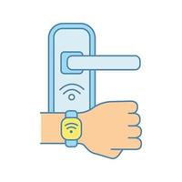 deurslot geopend met nfc armband kleur icoon. near field communicatie hangslot. rfid polsbandje. contactloze technologie. geïsoleerde vectorillustratie vector