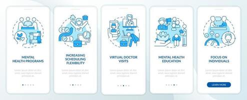 geestelijke gezondheidstrends op het werk blauw onboarding mobiel app-scherm. therapie walkthrough 5 stappen grafische instructiepagina's met lineaire concepten. ui, ux, gui-sjabloon. vector