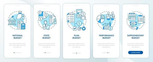 budgettypes blauw onboarding mobiel app-scherm. nationaal en staatsplan walkthrough 5 stappen grafische instructiepagina's met lineaire concepten. ui, ux, gui-sjabloon. vector