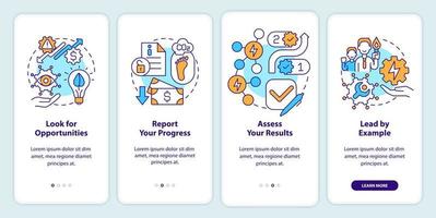 belangrijke stappen voor het onboarding van mobiele app-scherm voor energiestrategie. rapport walkthrough 4 stappen grafische instructiepagina's met lineaire concepten. ui, ux, gui-sjabloon. vector