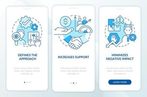 stakeholdermanagementplan blauw onboarding mobiel app-scherm. walkthrough 3 stappen grafische instructiepagina's met lineaire concepten. ui, ux, gui-sjabloon. vector