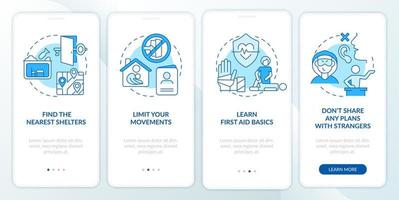 acties voor veiligheid tijdens oorlogsblauw onboarding mobiel app-scherm. overleven walkthrough 4 stappen grafische instructiepagina's met lineaire concepten. ui, ux, gui-sjabloon. vector