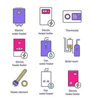 verwarming kleur pictogrammen instellen. boilers, heaters, thermostaat, stookruimte. gas en elektrische boiler. commerciële, industriële en huishoudelijke centrale verwarmingssystemen. geïsoleerde vectorillustraties vector