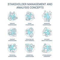 stakeholder management en analyse turquoise concept iconen set. identificeren interesses idee dunne lijn kleurenillustraties. geïsoleerde symbolen. bewerkbare streek. vector