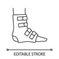 voet enkelbrace lineaire pictogram. voet orthese. dunne lijn illustratie. been spalk. verstelbare enkelgewricht bandage. gewrichtspijn verlichting. contour symbool. vector geïsoleerde overzichtstekening. bewerkbare streek