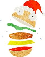 retro cartoon van een geweldige hamburger met een kerstmuts vector