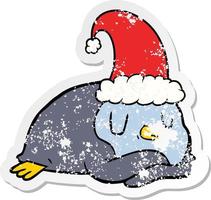 verontruste sticker van een tekenfilmpinguïn met een kerstmuts vector