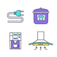 huishoudelijke apparaten kleur pictogrammen instellen. stekker, multicooker, koffiemachine, afzuigkap. geïsoleerde vectorillustraties vector