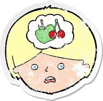 retro noodlijdende sticker van een tekenfilmman die nadenkt over gezond eten vector