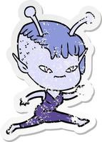 verontruste sticker van een schattig cartoon buitenaards meisje vector