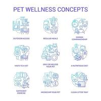 huisdier wellness blauwe gradiënt concept pictogrammen instellen. katten en honden welzijn idee dunne lijn kleurenillustraties. bezoek aan dierenarts. voedzaam dieet. geïsoleerde symbolen. vector