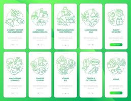 veganistische levensstijl groene gradiënt onboarding mobiele app-schermset. walkthrough 5 stappen grafische instructiepagina's met lineaire concepten. ui, ux, gui-sjabloon. vector