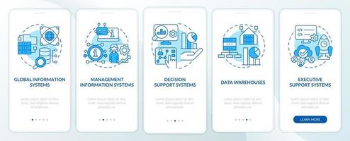 veelvoorkomende soorten informatiesystemen blauw onboarding mobiel app-scherm. walkthrough 5 stappen grafische instructiepagina's met lineaire concepten. ui, ux, gui-sjabloon. vector