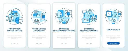 verscheidenheid aan informatiesystemen blauw onboarding mobiel app-scherm. walkthrough 5 stappen grafische instructiepagina's met lineaire concepten. ui, ux, gui-sjabloon. vector