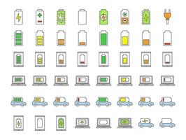 batterij opladen kleur pictogrammen instellen. smartphone, laptop en elektrische auto opladen. accumulatie van elektrische energie voor verschillende apparaten. batterijniveau-indicator. geïsoleerde vectorillustraties vector