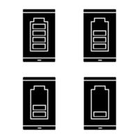 smartphone batterij opladen glyph pictogrammen instellen. indicator van het batterijniveau van de mobiele telefoon. midden, lage en hoge lading. silhouet symbolen. vector geïsoleerde illustratie