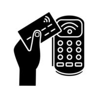 betaalterminal glyph-pictogram. pos-terminal. nfc betaling. contactloze transactie. silhouet symbool. negatieve ruimte. nearfield communicatie. e-betaling. vector geïsoleerde illustratie