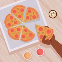 hand met pizza eten vector