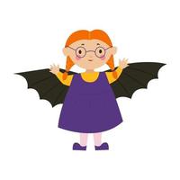 een meisje in een vleermuiskostuum voor Halloween. een kind in een carnavalskostuum. vectorillustratie in vlakke stijl vector