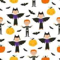 halloween geesten. kinderen in halloweenkostuums, pompoenen en vleermuizen. vlakke afbeelding. vector naadloos patroon