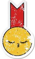 verontruste sticker van een leuke cartoon gouden medaille vector