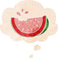 cartoon watermeloen en gedachte bel in retro getextureerde stijl vector