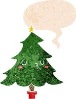 schattige cartoon kerstboom en tekstballon in retro getextureerde stijl vector