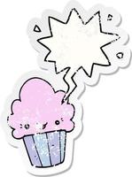 cartoon cupcake en gezicht en tekstballon verontruste sticker vector