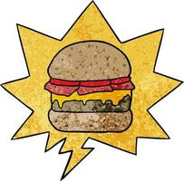 cartoon gestapelde hamburger en tekstballon in retro textuurstijl vector