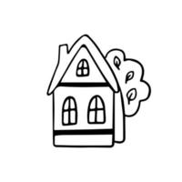 dorpshuis lijntekening geïsoleerd. klein huis met een boom. schattige krabbel. hand tekenen vectorillustratie in cartoon-stijl. vector
