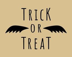 trick or treat-belettering. doodle halloween vector sticker. vleermuis vleugels illustratie